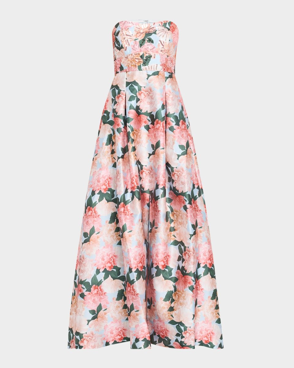 Giovanna Strapless Floral-Print Mikado Gown